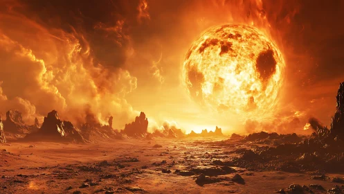 Blazing alien sun engulfs a jagged volcanic wasteland.