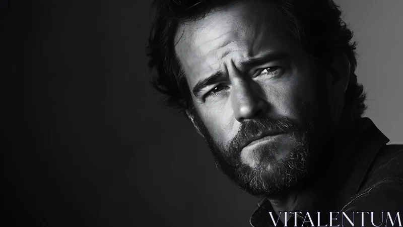 Monochrome close-up of bearded middle-aged man in profile.