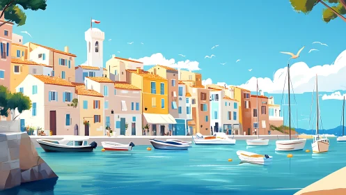 Sunlit Mediterranean harbor shimmers with pastel homes and boats.