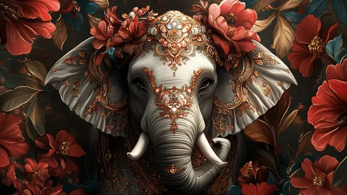 Ornamental elephant portrait with baroque floral filigree forms.