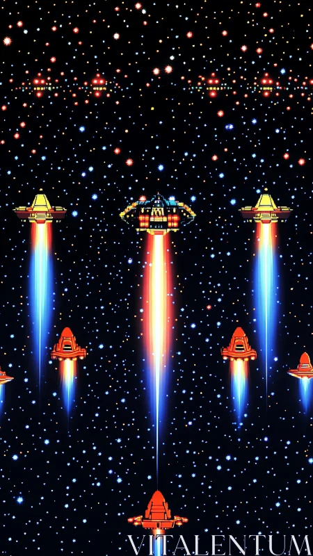 Vertical 8-bit starfield with retro spacecraft squadron in flight