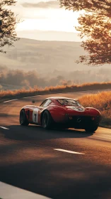 Red vintage race car follows curved rural road at sunset