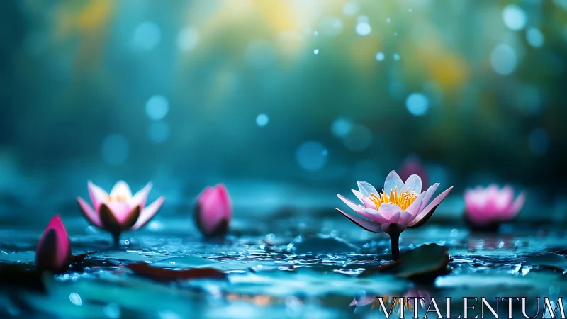 Lotus flowers floating in blue water with bokeh background