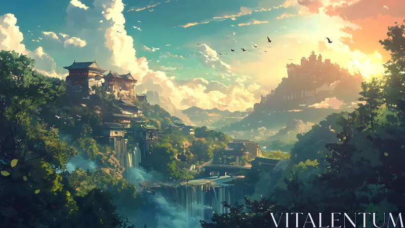 Terraced hill settlements with waterfalls and distant citadel.