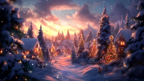 Snowy Christmas village glows under vivid sunset sky
