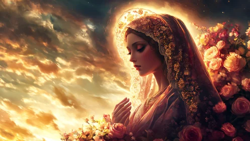 Radiant veiled woman in floral halo rendered as luminous digital icon