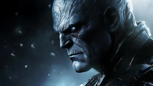 Brooding armored alien warlord stares into icy darkness.
