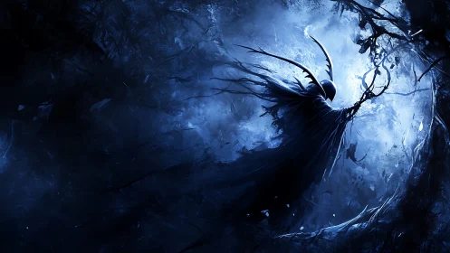Shadowed reaper ascends through frozen blue vortex night.