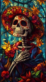 Sugar skull skeleton in floral hat amid vivid blossoms.