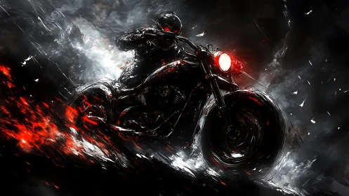 Kinetic nocturnal motorcycle rendered in infernal motion blur.