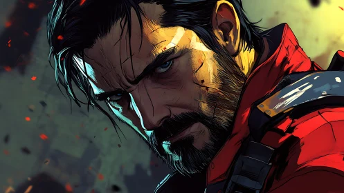 Battle-hardened warrior portrait in intense comic style.