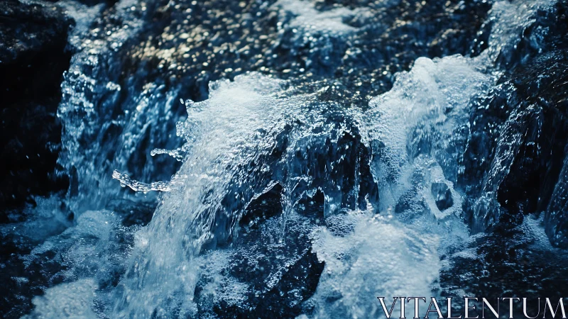 Closeup waterfall cascade over dark textured rock face.
