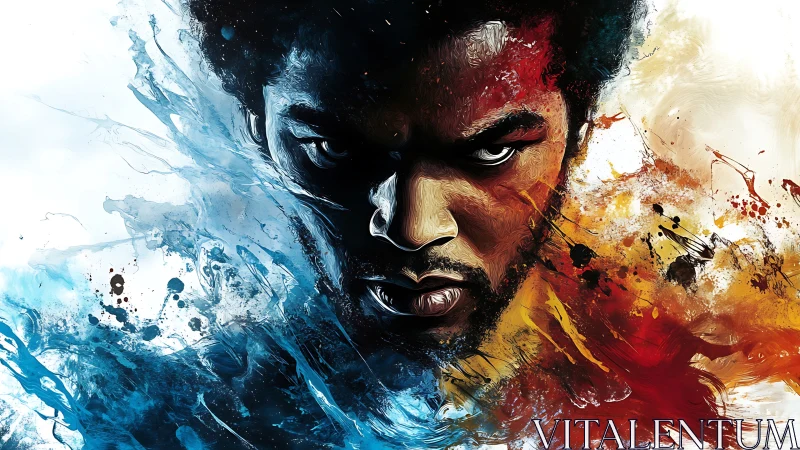 Fierce portrait framed by swirling fire and ice energy.