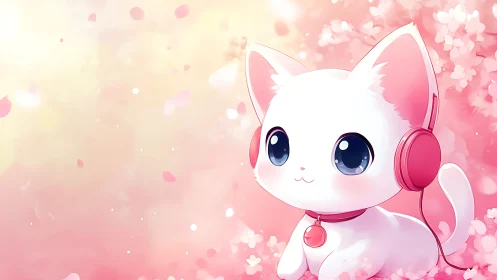 White cartoon cat wearing headphones on pink floral background.