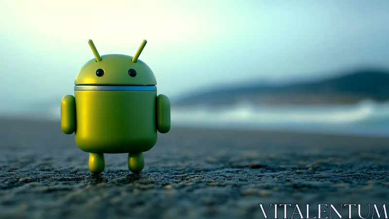 Android-style green robot toy on blurred coastal beach.
