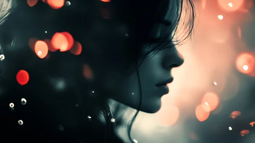 Side profile silhouette of woman amid defocused bokeh lights
