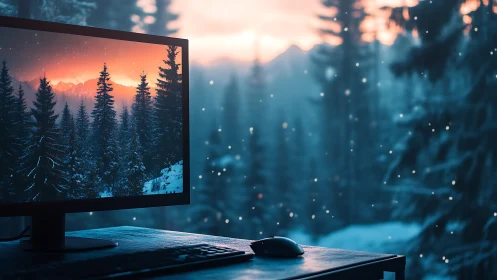Winter forest desktop monitor with cinematic color contrast.