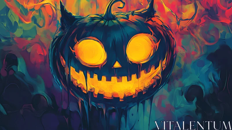 Chromatic jack-o-lantern specter with molten neon core.