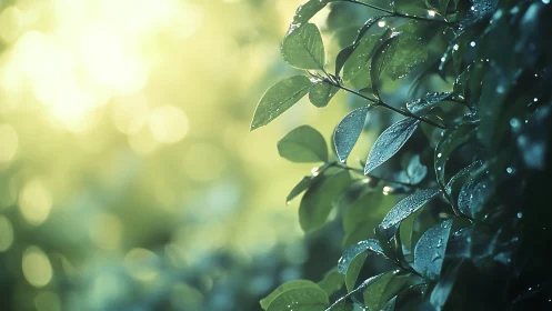 Backlit dew-laden foliage with shallow depth of field rendering.