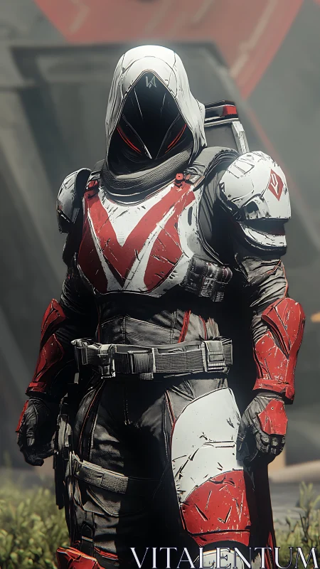 Photorealistic armored sentinel in red and white exo-suit design.