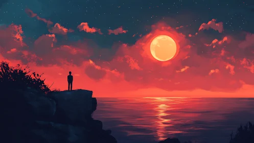 Solitary figure watches crimson moon over still sea.