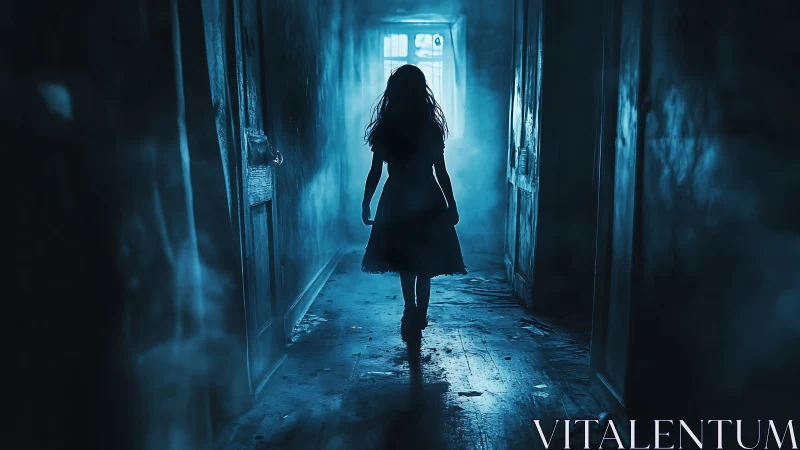 Shadowy girl exploring a misty blue hallway of secrets.