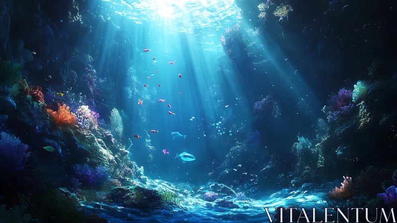 Sunlit coral canyon reveals vivid underwater reef depth.