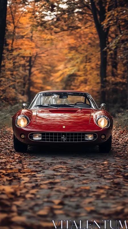 Crimson classic sports car glows warmly on a quiet autumn lane