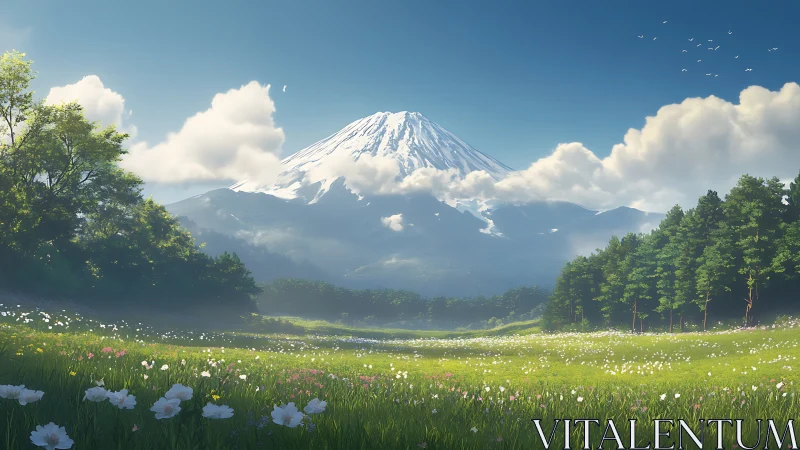 Spring meadow daydream under a gentle snowcapped peak.