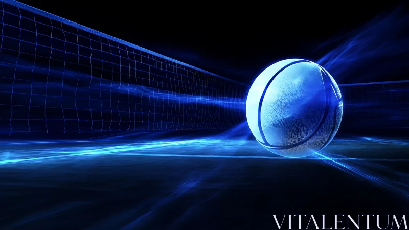 Neon blue volleyball and net on dark digital court scene.