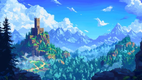 Pixel-rendered citadel on alpine escarpment with forest basin.