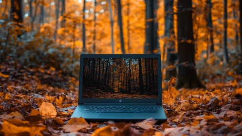 Laptop on autumn forest floor with matching screen scene.