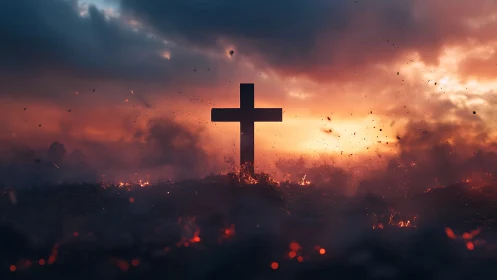 Cross stands in burning landscape against dramatic sky