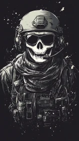 Skull-masked tactical soldier stands amid stark darkness.