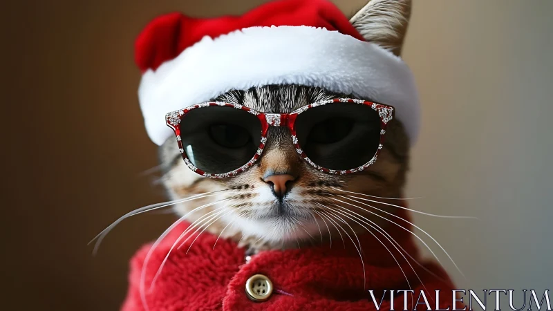 Festive Tabby Cat in Santa Attire and Decorative Sunglasses.