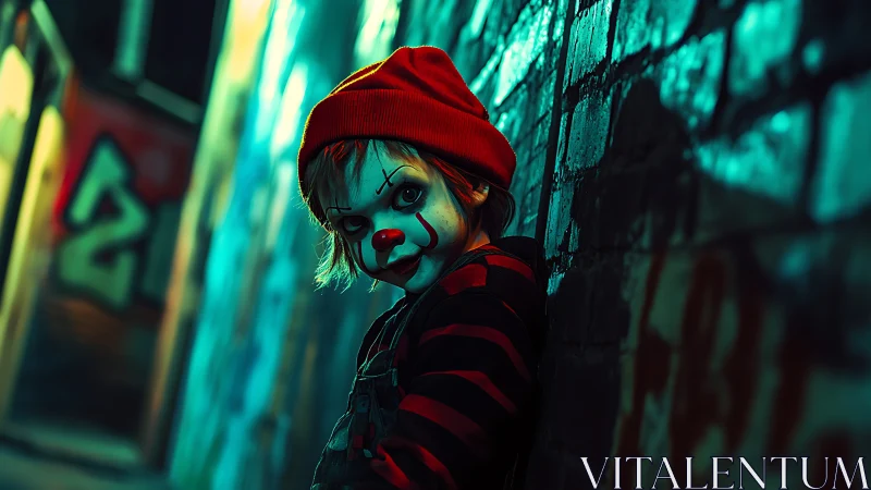 Moody neon clown child in graffiti alley cinematic portrait.