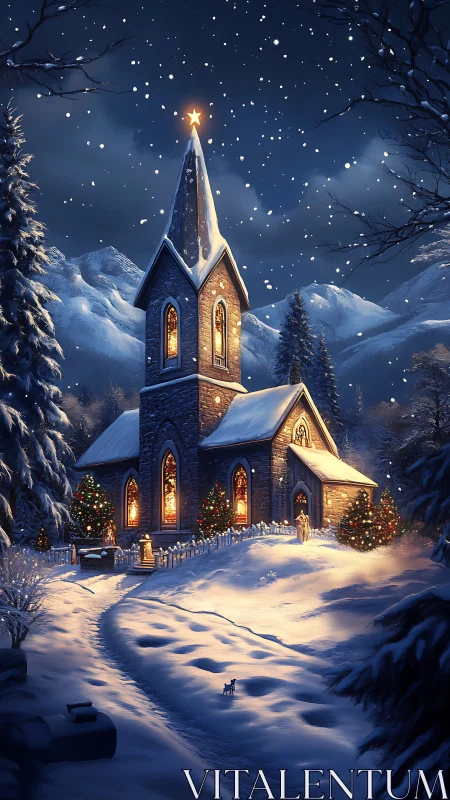 Snowy mountain church at night with warm glowing lights.