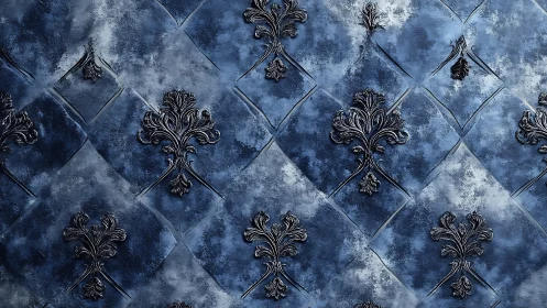 Baroque fleur-de-lis relief on diagonally quilted blue wall surface.