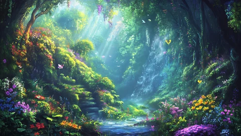 Luminous Forest Canyon with Cascading Blooms.
