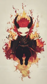 Horned chibi figure in black robes surrounded by flames.