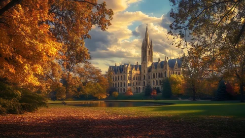 Sunlit neo-gothic castle rises over tranquil autumn gardens