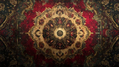 Radially symmetric mandala carpet with distressed ornamental detailing