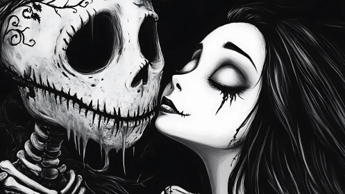 Tender gothic kiss between skeleton and dark-eyed muse.