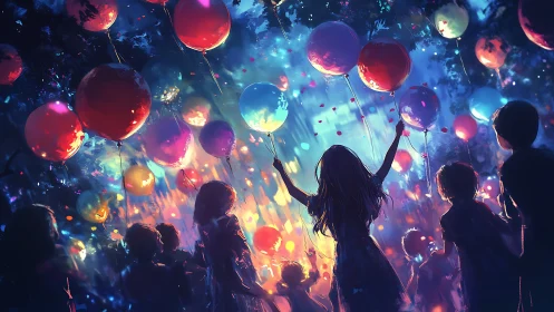 Children release glowing balloons into vivid night sky
