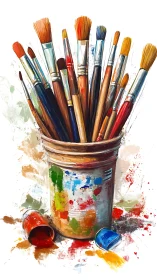 Mixed paintbrush cluster in splattered metal studio can.