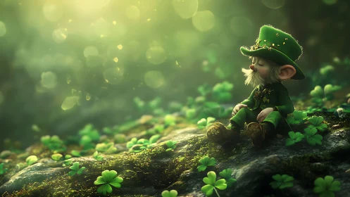 Micro-lit forest leprechaun resting amid clover bokeh field.