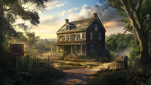 Digital painting of rustic farmhouse in luminous rural garden.