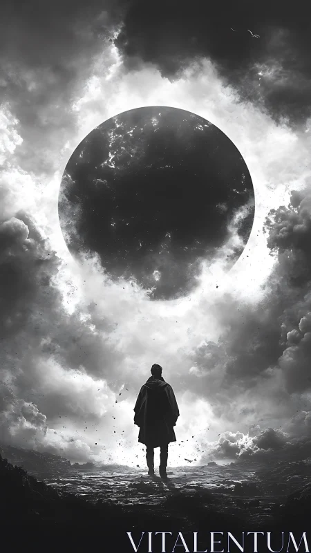 Lone figure studies colossal eclipse within turbulent clouds