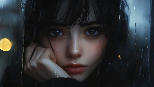 Melancholic girl gazes through rainy window at night.