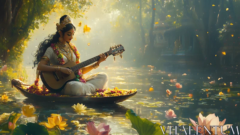 Gentle river goddess strums her guitar in glowing lotus light